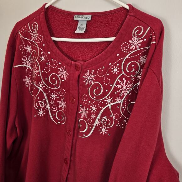 Catherine's Button Front Sweatshirt Cardigan Christmas 3X Holiday Sparkle Snowfl - Picture 1 of 5